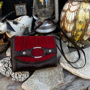 Brighton CrossBody Shoulder Bag Red Suede Brown Leather W/Heart Detachable Strap